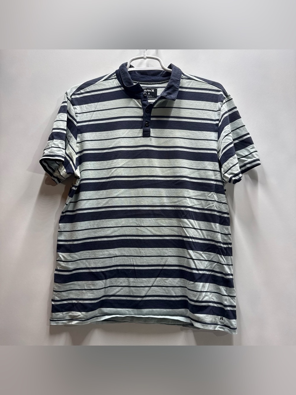 Hurley Men’s Navy and White Striped Quarter Button Polo Shirt
